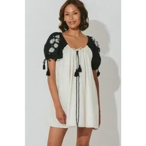 Cleobella Kimaya Embroidered Puff Sleeve Mini Dress in Black & White Size S NWT